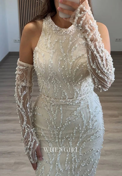 Mermaid Halter Beaded Back Zipper Sweep Train Formal Evening Dress with Gloves