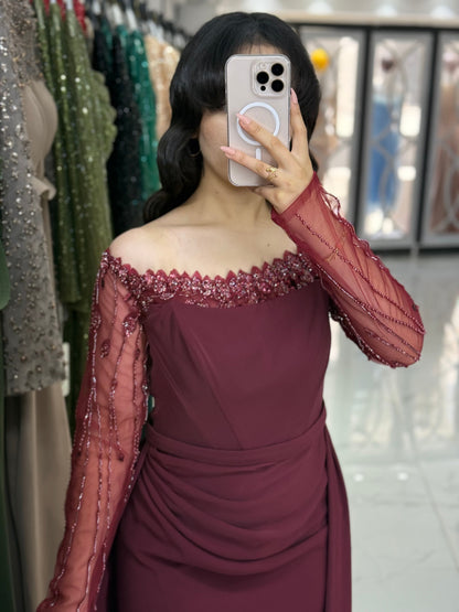 Burgundy Off Shoulder Long Sleeves Ruched Sheath Evening Gown with Train