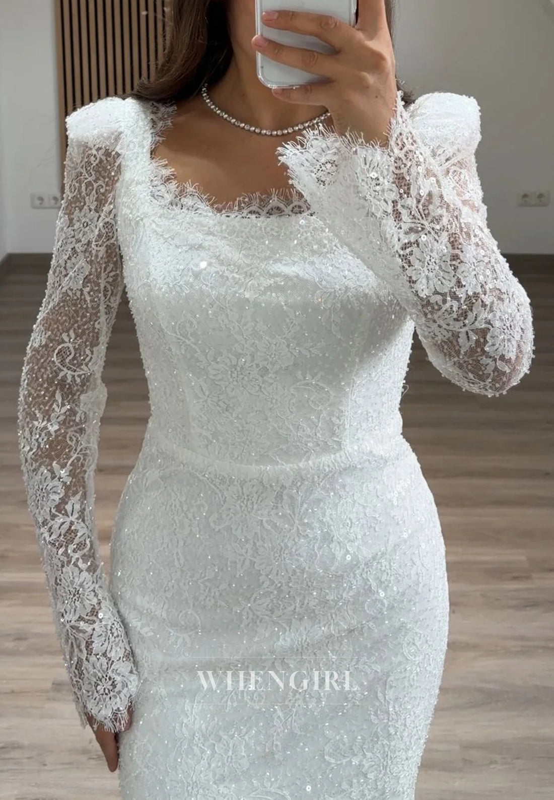 Mermaid Beaded Square Neck Long Sleeves Beaded Lace Evening Formal Dress