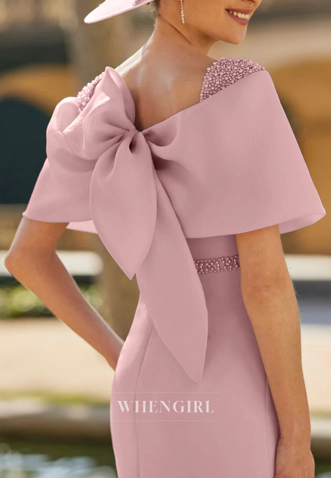 Sheath Square Neck Beaded Bowknot Short Sleeves Mother of the Bride Dress