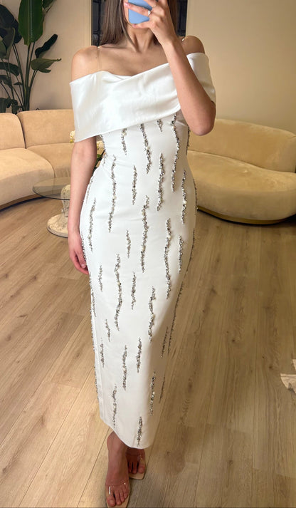 Sheath Off Shoulder Beaded Short Wedding Dress