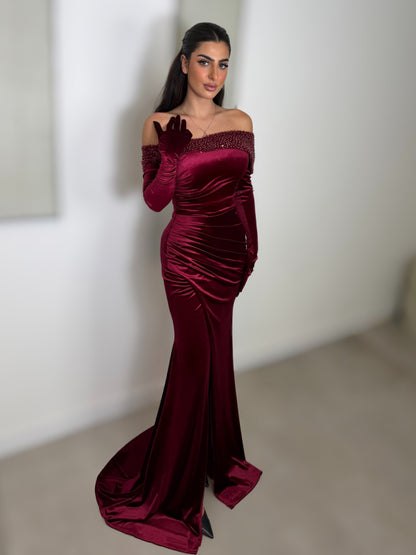 Burgundy Off Shoulder Ruched Long Sleeves Mermaid Evening Dress