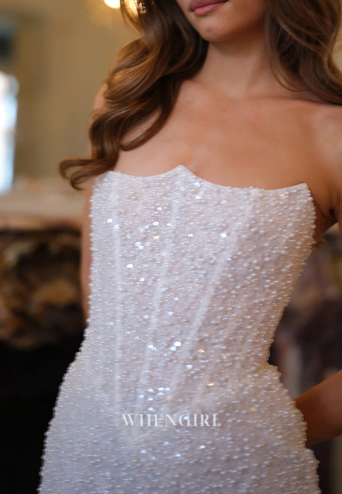 Sheath Asymmetrical Neck Sleeveless Strapless Beaded Lace Up Short Wedding Dress