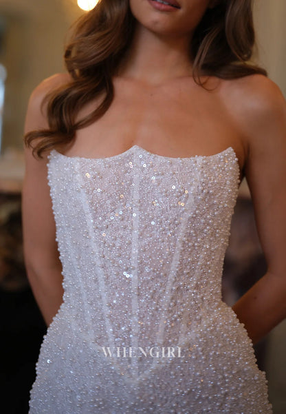 Sheath Asymmetrical Neck Sleeveless Strapless Beaded Lace Up Short Wedding Dress