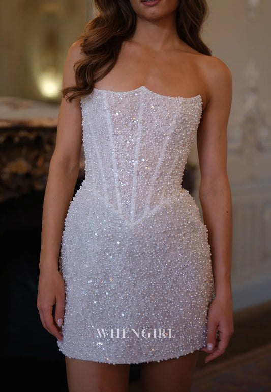 Sheath Asymmetrical Neck Sleeveless Strapless Beaded Lace Up Short Wedding Dress