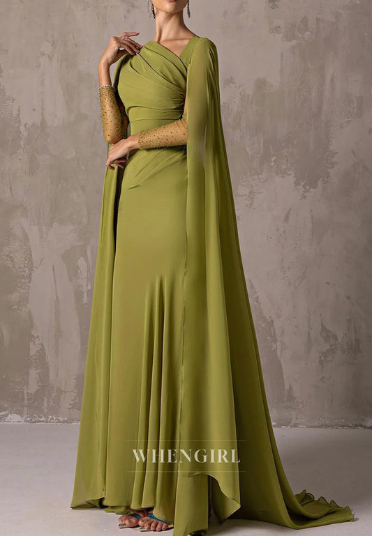 Asymmetrical Neck Long Bell Sleeves Pleated Column Formal Evening Dress