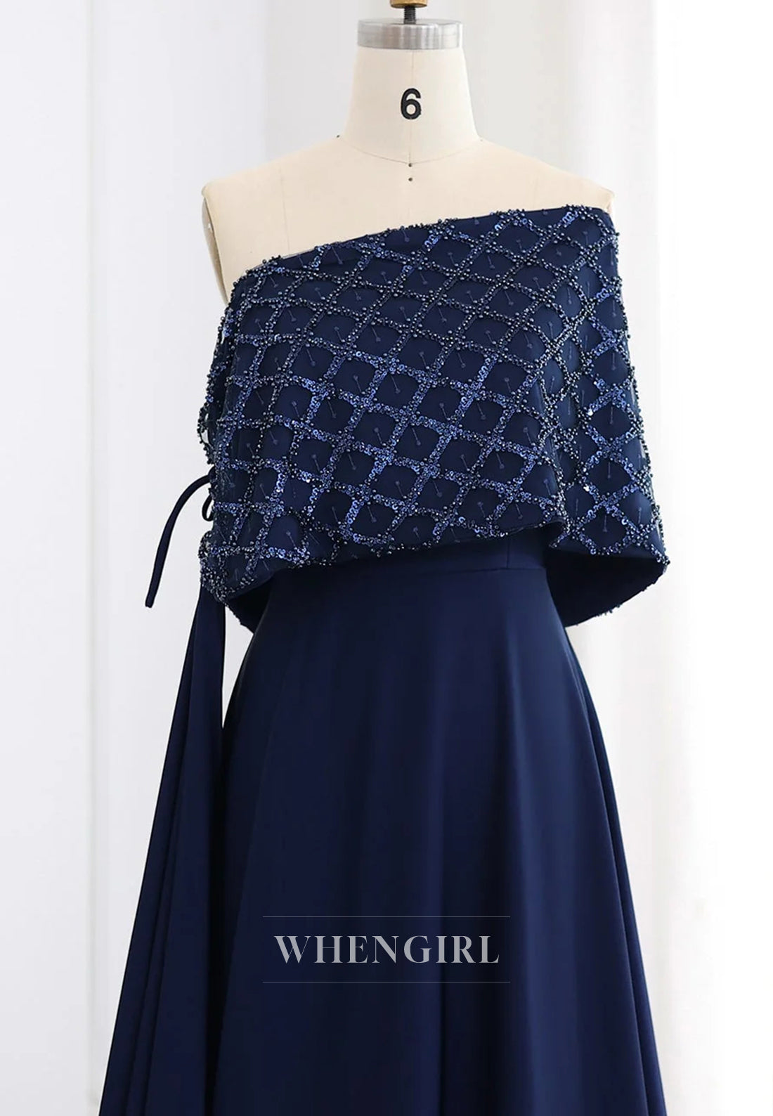 Navy Off Shoulder Beaded Sleeveless Satin A-Line Evening Formal Dress