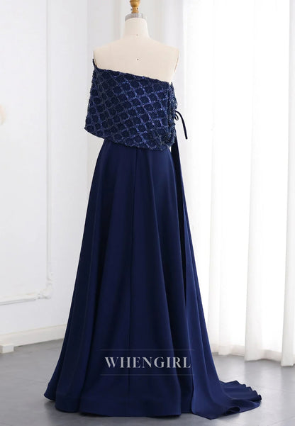 Navy Off Shoulder Beaded Sleeveless Satin A-Line Evening Formal Dress