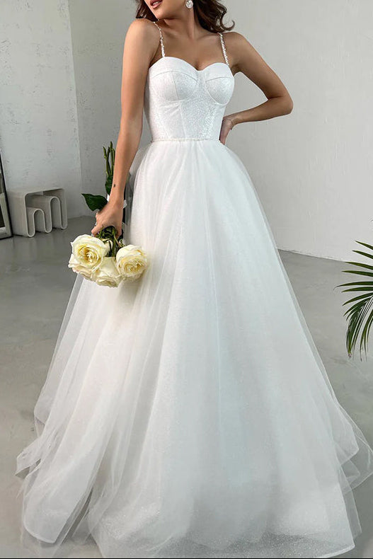 Elegant A-Line Spaghetti Straps Sweetheart Tulle Wedding Dress