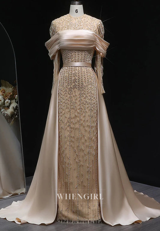 Champagne Bateau Neck Long Sleeves Pleated Evening Formal Dress with Train