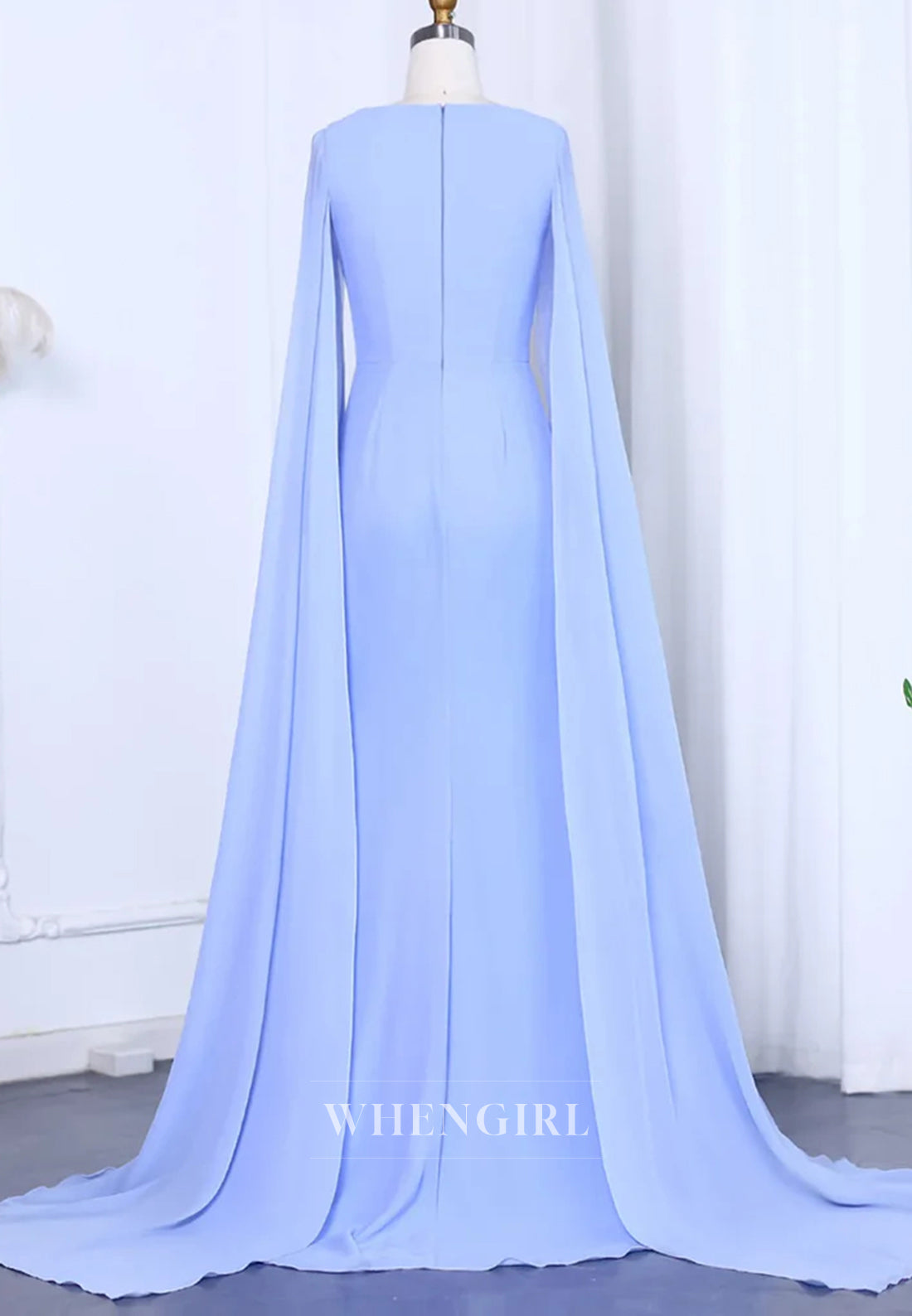 Asymmetrical Neck Long Bell Sleeves Pleated Column Formal Evening Dress
