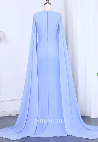 Asymmetrical Neck Long Bell Sleeves Pleated Column Formal Evening Dress