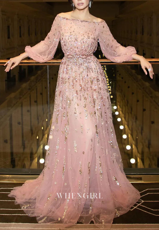 Pink Elegant Beaded A-Line Off Off Shoulder Long Sleeves Beaded Lace Up Formal Evening Dress