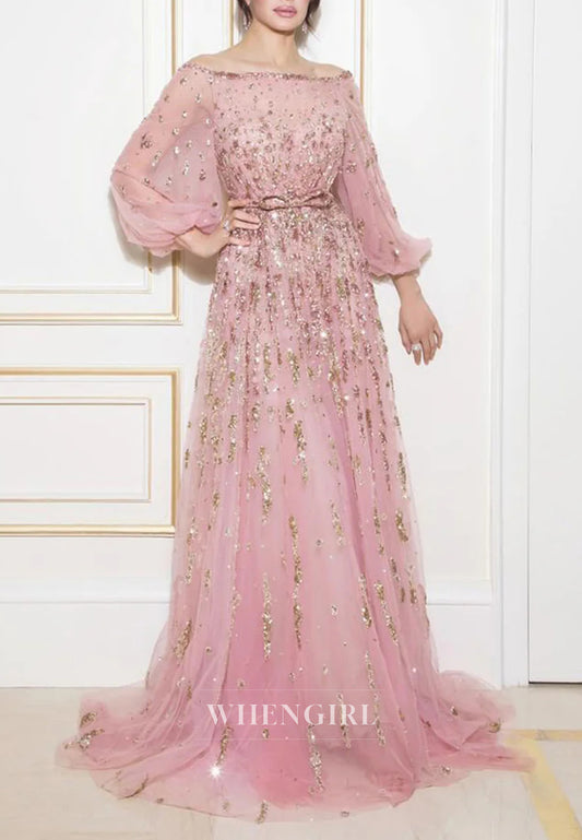 Pink Elegant Beaded A-Line Off Off Shoulder Long Sleeves Beaded Lace Up Formal Evening Dress