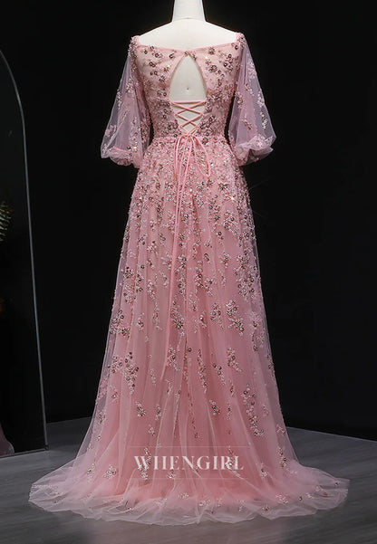 Pink Elegant Beaded A-Line Off Off Shoulder Long Sleeves Beaded Lace Up Formal Evening Dress