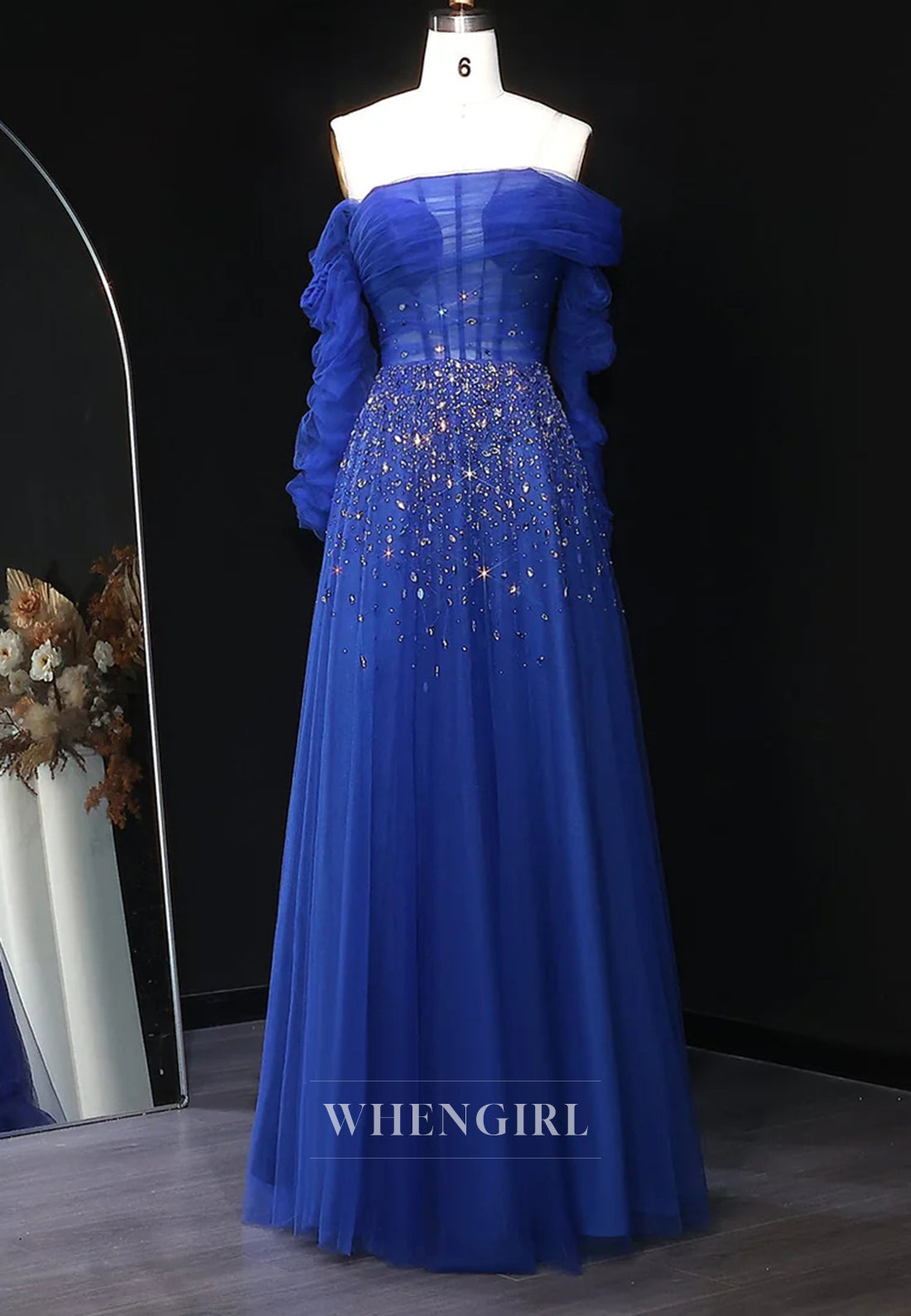 A-Line Off Shoulder Long Sleeves Beaded Tulle Evening Formal Dress