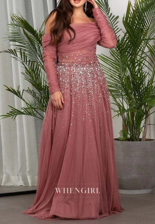A-Line Off Shoulder Long Sleeves Beaded Tulle Evening Formal Dress