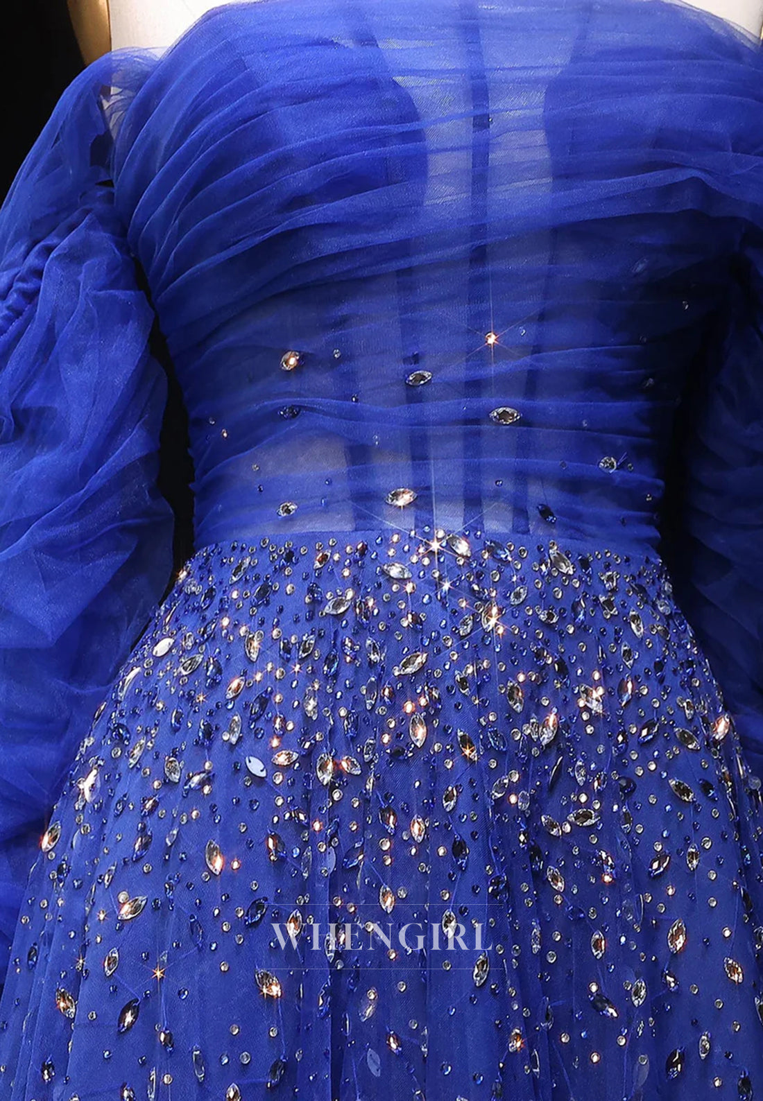 A-Line Off Shoulder Long Sleeves Beaded Tulle Evening Formal Dress
