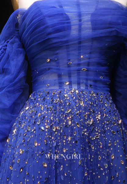 A-Line Off Shoulder Long Sleeves Beaded Tulle Evening Formal Dress