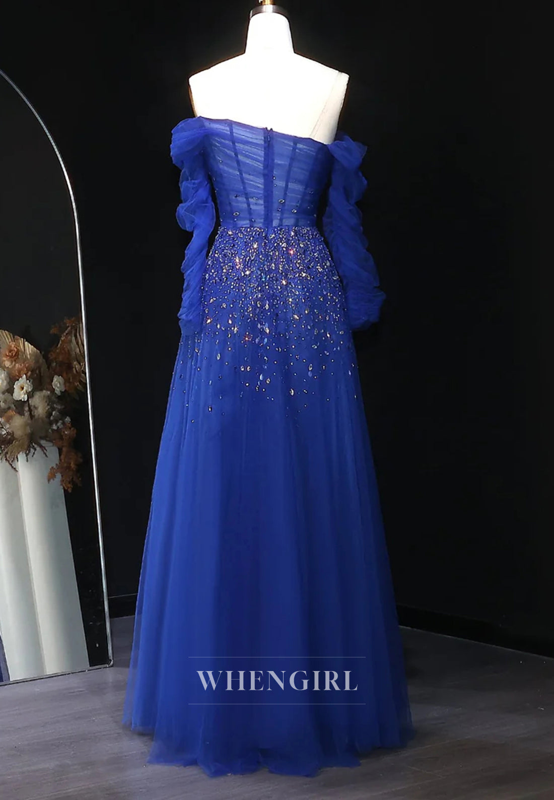 A-Line Off Shoulder Long Sleeves Beaded Tulle Evening Formal Dress
