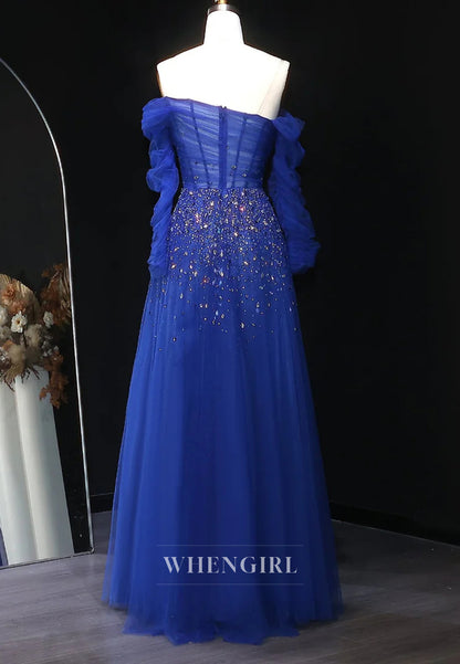 A-Line Off Shoulder Long Sleeves Beaded Tulle Evening Formal Dress