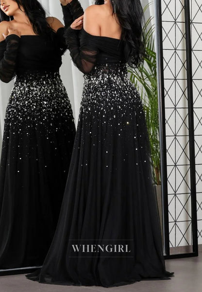 A-Line Off Shoulder Long Sleeves Beaded Tulle Evening Formal Dress