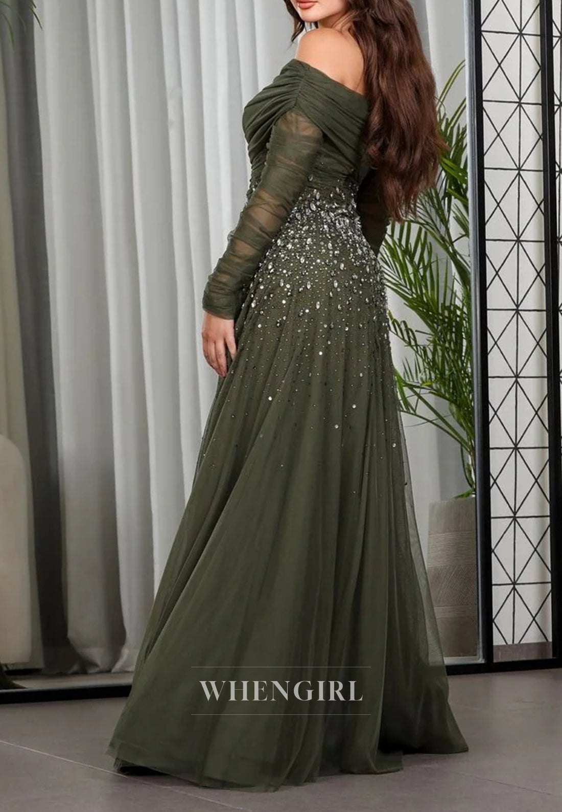 A-Line Off Shoulder Long Sleeves Beaded Tulle Evening Formal Dress