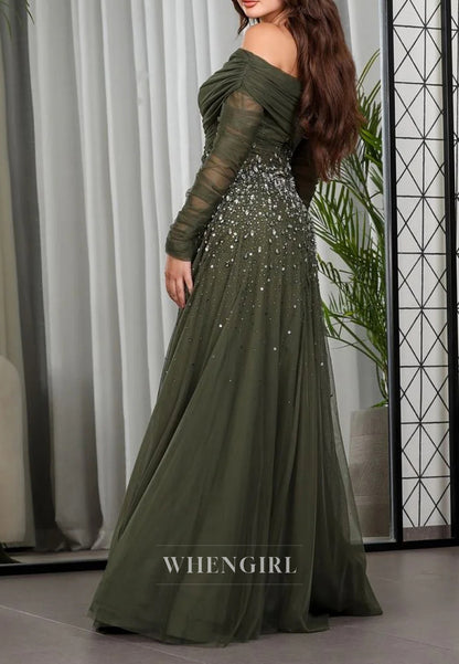 A-Line Off Shoulder Long Sleeves Beaded Tulle Evening Formal Dress
