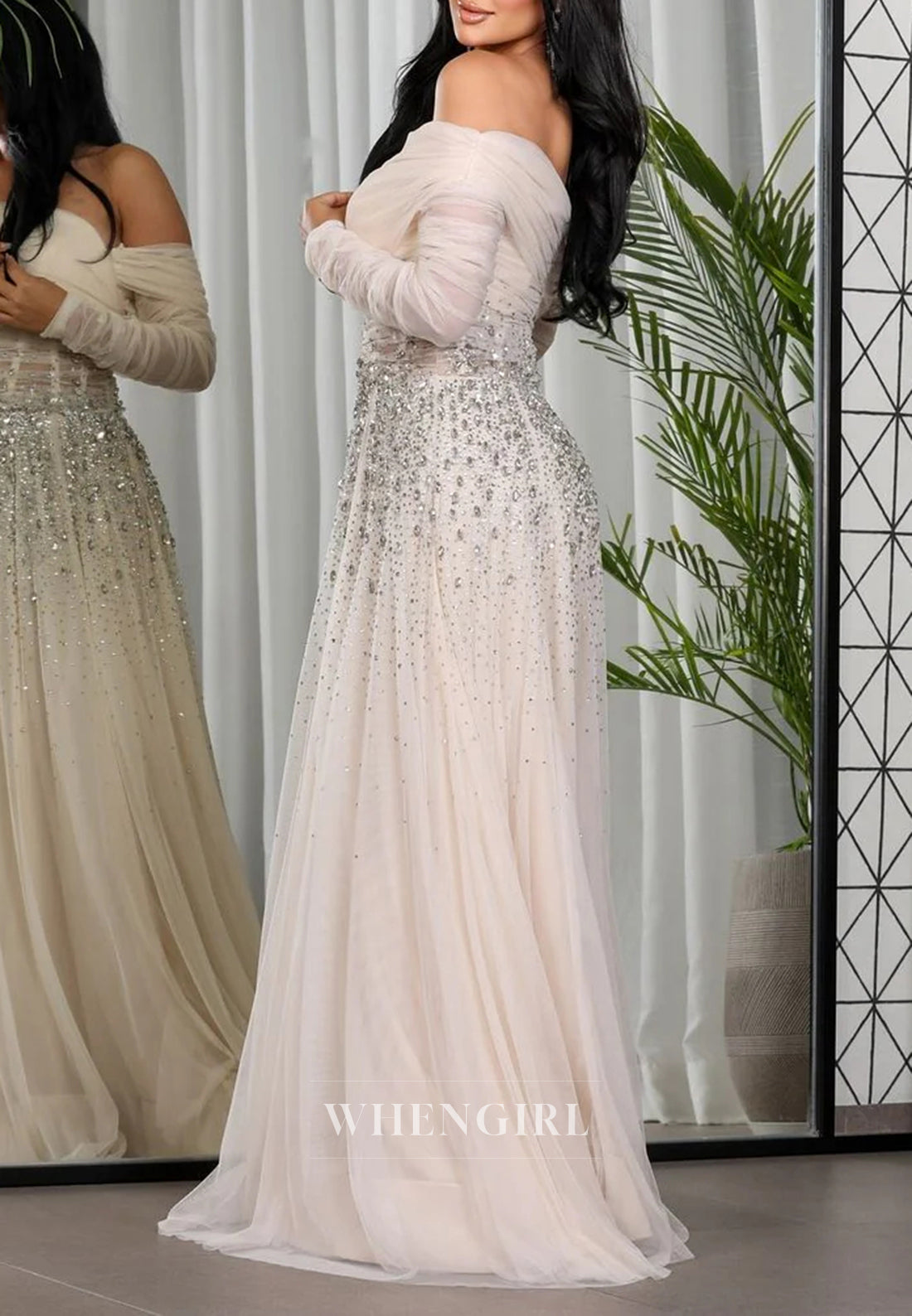 A-Line Off Shoulder Long Sleeves Beaded Tulle Evening Formal Dress