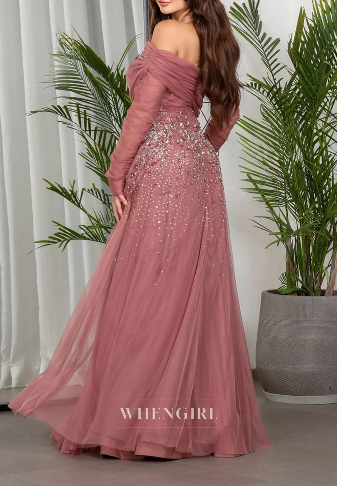 A-Line Off Shoulder Long Sleeves Beaded Tulle Evening Formal Dress