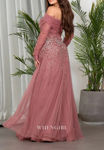 A-Line Off Shoulder Long Sleeves Beaded Tulle Evening Formal Dress