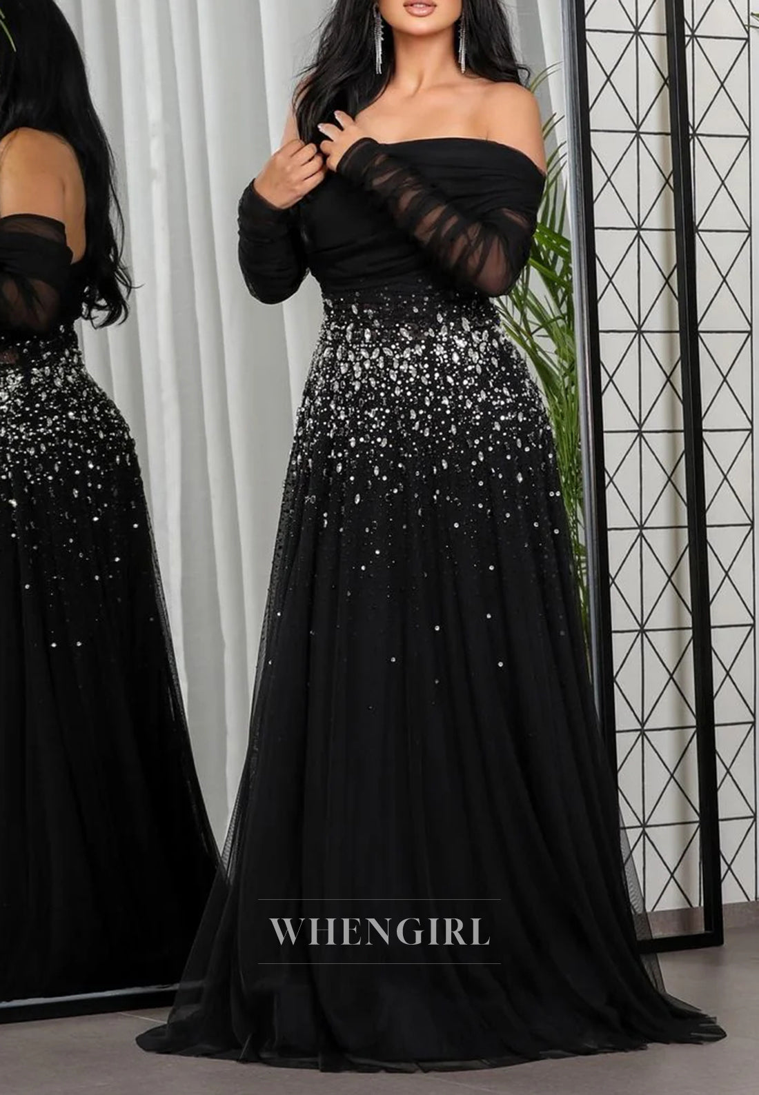 A-Line Off Shoulder Long Sleeves Beaded Tulle Evening Formal Dress
