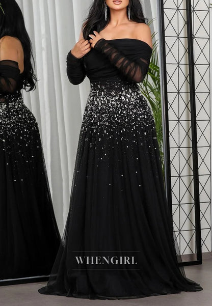 A-Line Off Shoulder Long Sleeves Beaded Tulle Evening Formal Dress