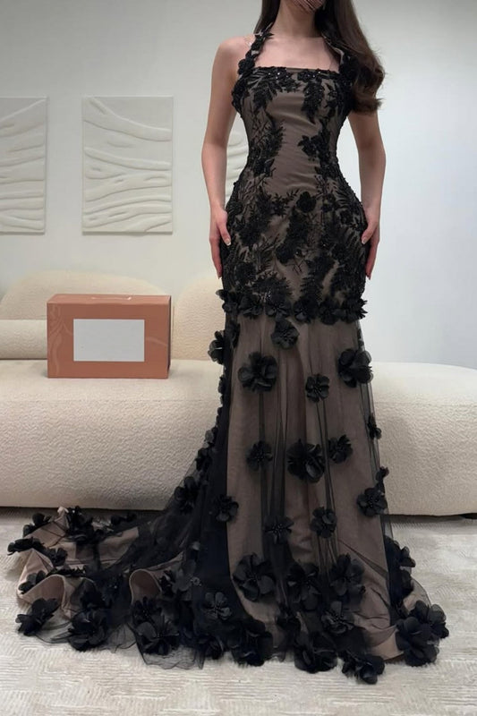 Elegant Black Illusion Floral Halter Mermaid Prom Dress with 3D Appliques