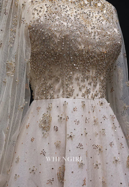 Champagne High Neck Long Sleeves Beaded A-Line Evening Formal Dress