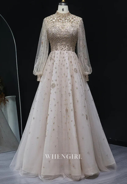 Champagne High Neck Long Sleeves Beaded A-Line Evening Formal Dress