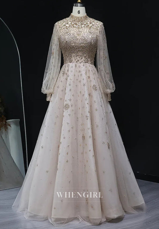 Champagne High Neck Long Sleeves Beaded A-Line Evening Formal Dress