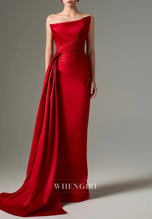 Red Sheath Strapless Pleated Beaded Sleeveless Side Train Evening Formal Dress