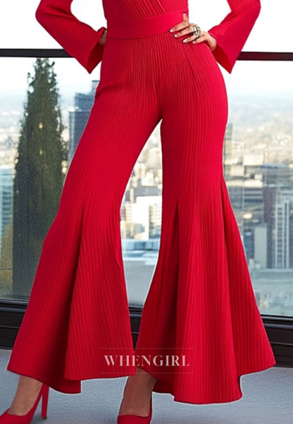 Elegant Formal Evening Business Jumpsuit Red Long Sleeve Pleated Jumpsuit Flared Legs