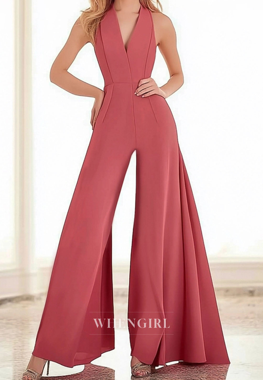 Dusty Rose Halter V-Neck Sleeveless Satin Work Jumpsuit Casual Pantsuit