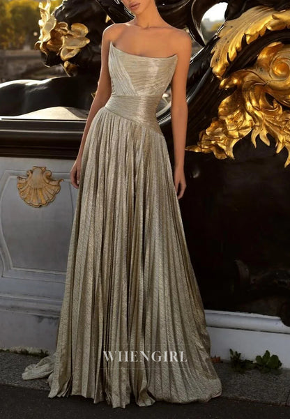 A-Line Gold Pleats Strapless Draped Back Zipper Evening Formal Dress