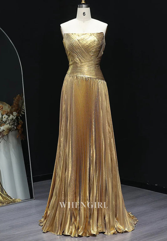 A-Line Gold Pleats Strapless Draped Back Zipper Evening Formal Dress