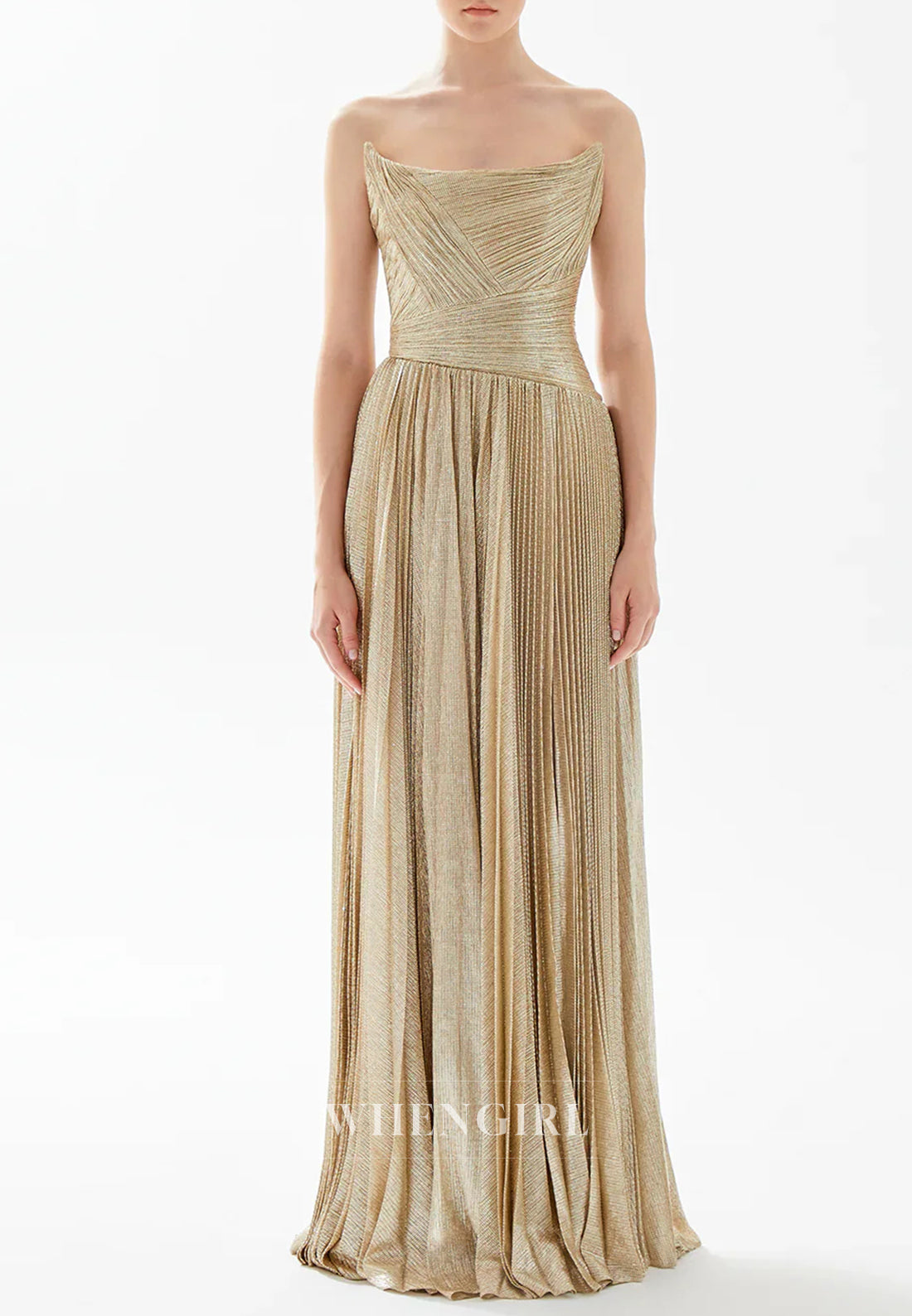 A-Line Gold Pleats Strapless Draped Back Zipper Evening Formal Dress