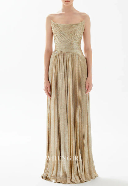 A-Line Gold Pleats Strapless Draped Back Zipper Evening Formal Dress