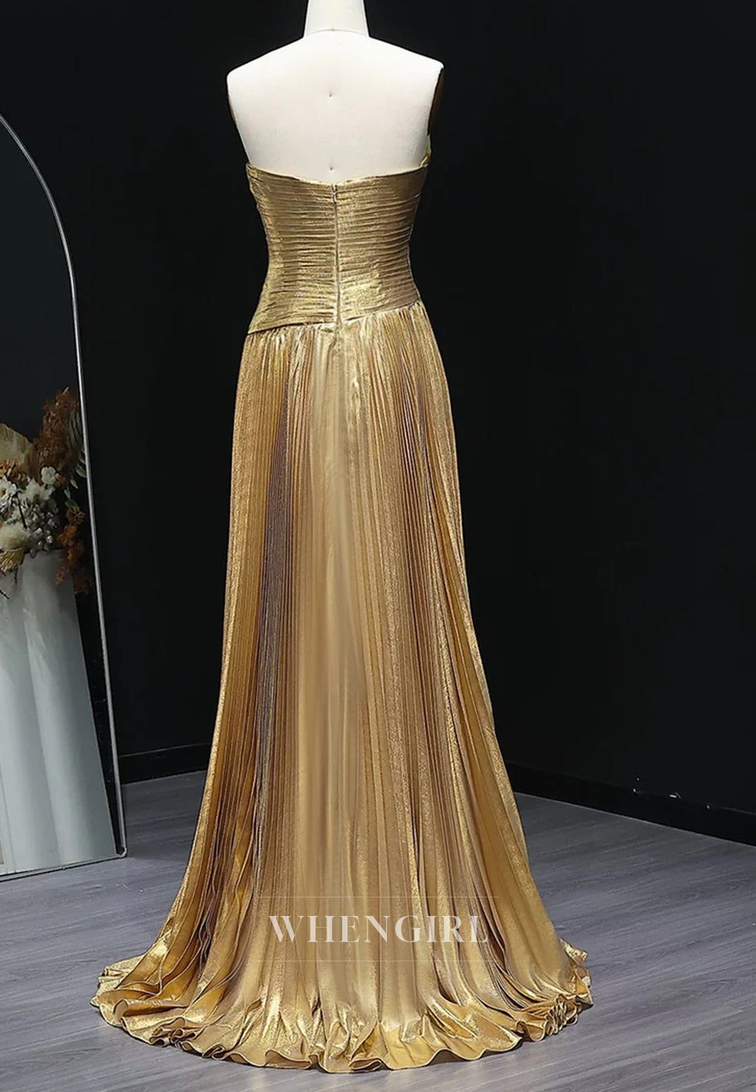A-Line Gold Pleats Strapless Draped Back Zipper Evening Formal Dress