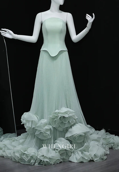 A-Line Tube Top 3D Flower Pleated Court Train Evening Formal Dress