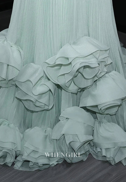 A-Line Tube Top 3D Flower Pleated Court Train Evening Formal Dress