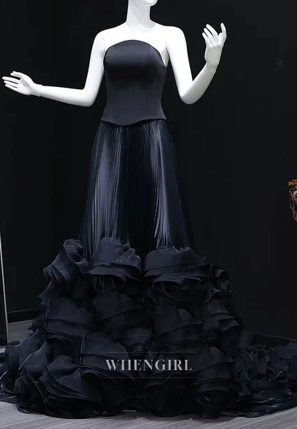A-Line Tube Top 3D Flower Pleated Court Train Evening Formal Dress