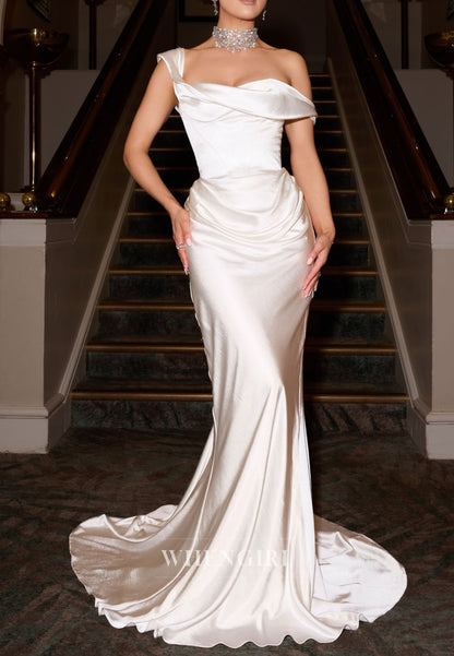 Elegant Pleated Mermaid Lace Up Satin Wedding Dress
