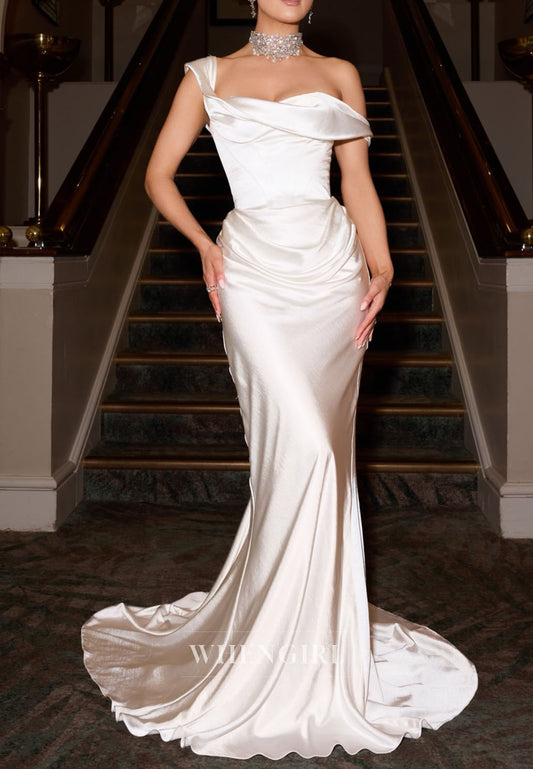 Elegant Pleated Mermaid Lace Up Satin Wedding Dress